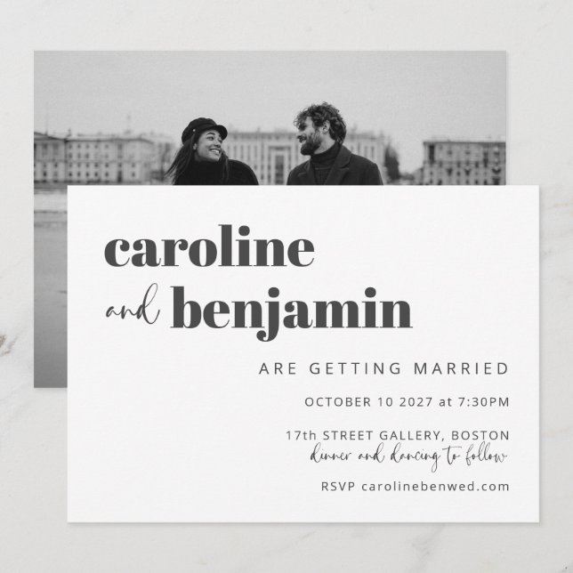 Black White Elegant Modern Chic Photo Wedding  Invitation (Front/Back)