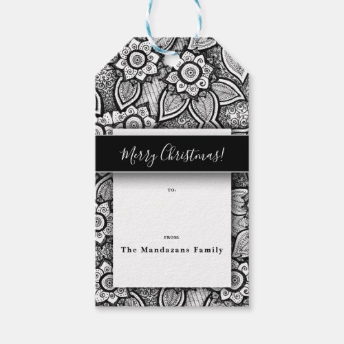 Black White Elegant Modern Floral Family Holiday   Gift Tags