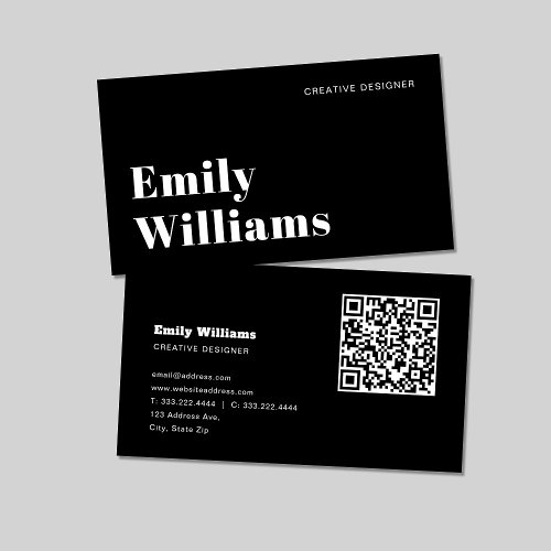 Black  White Elegant Modern Minimal  QR Code Business Card