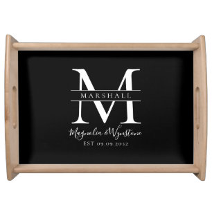 Black White Elegant Monogram Newlyweds  Serving Tray