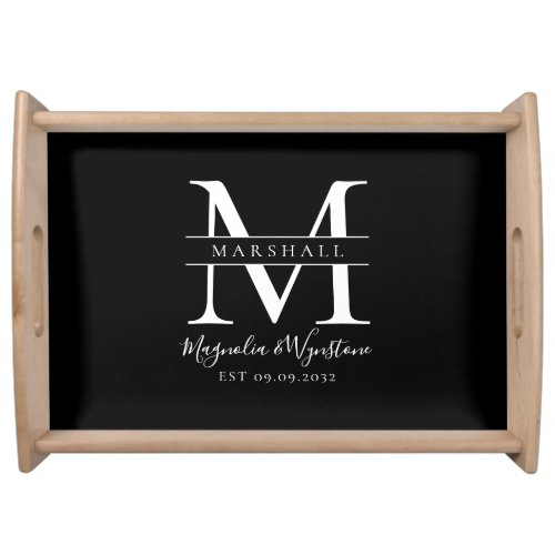 Black White Elegant Monogram Newlyweds  Serving Tray