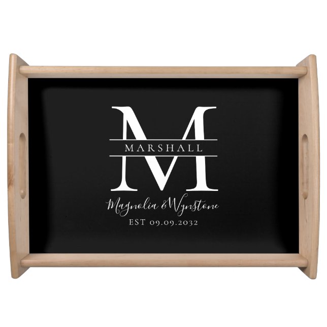 Black White Elegant Monogram Newlyweds  Serving Tray (Front)