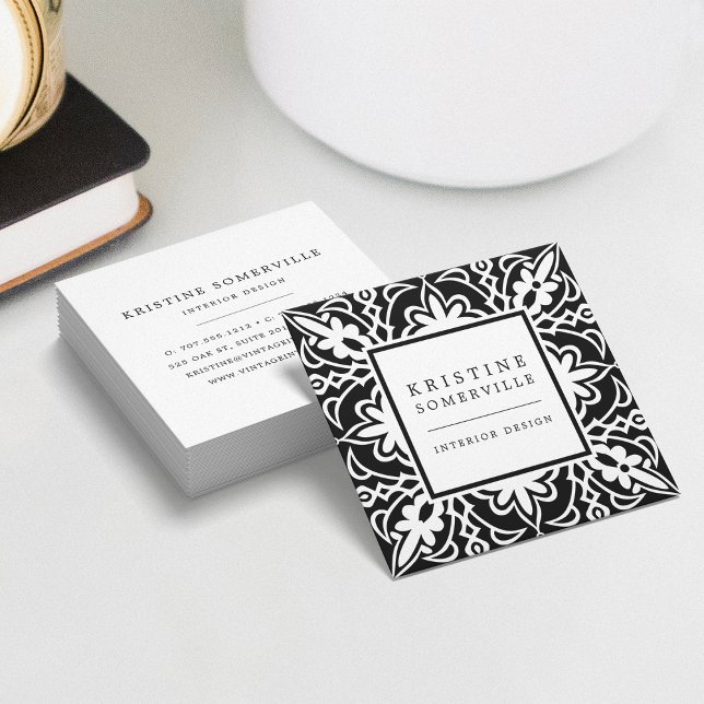 Black & White | Elegant Moroccan Style Square Square Business Card (Creator Uploaded)