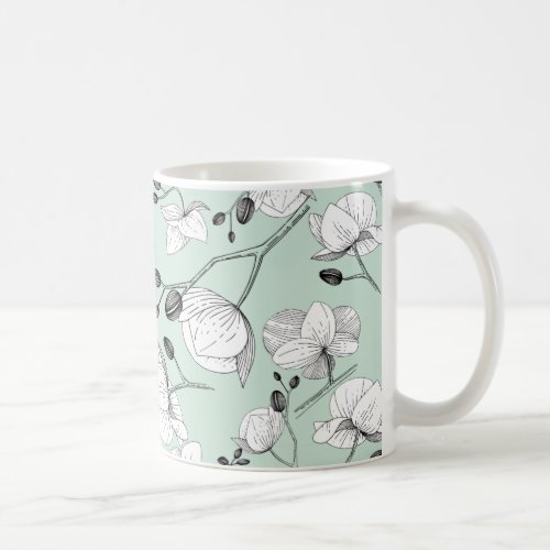 Black  white elegant orchid floral modern mint coffee mug