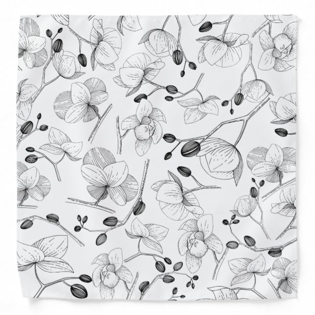 Black & white elegant orchid floral modern pattern bandana (Front)