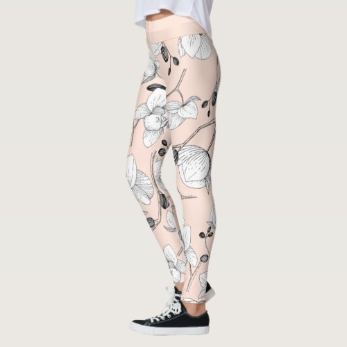 Black  white elegant orchid floral modern pink leggings