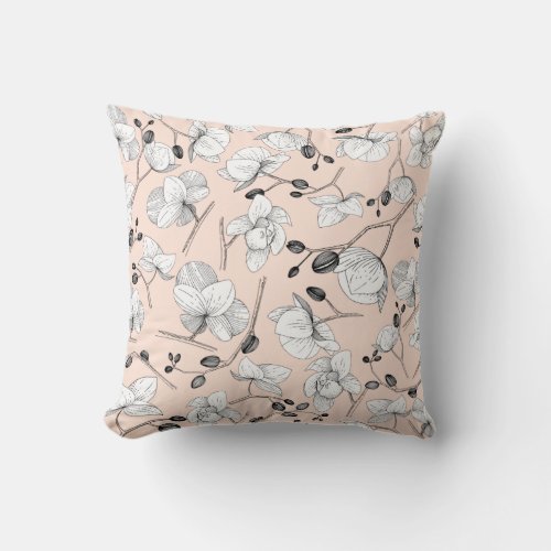 Black  white elegant orchid floral modern pink throw pillow