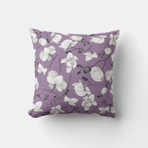 Black  white elegant orchid floral modern purple throw pillow