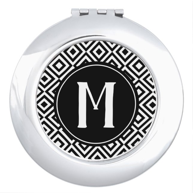 Black & White Elegant Patterned Monogram Geometric Compact Mirror (Front)