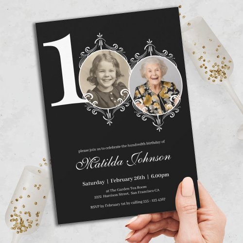 Black White Elegant Photo 100th Birthday  Invitation