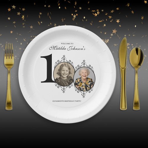 Black White Elegant Photo 100th Birthday Party Paper Plates