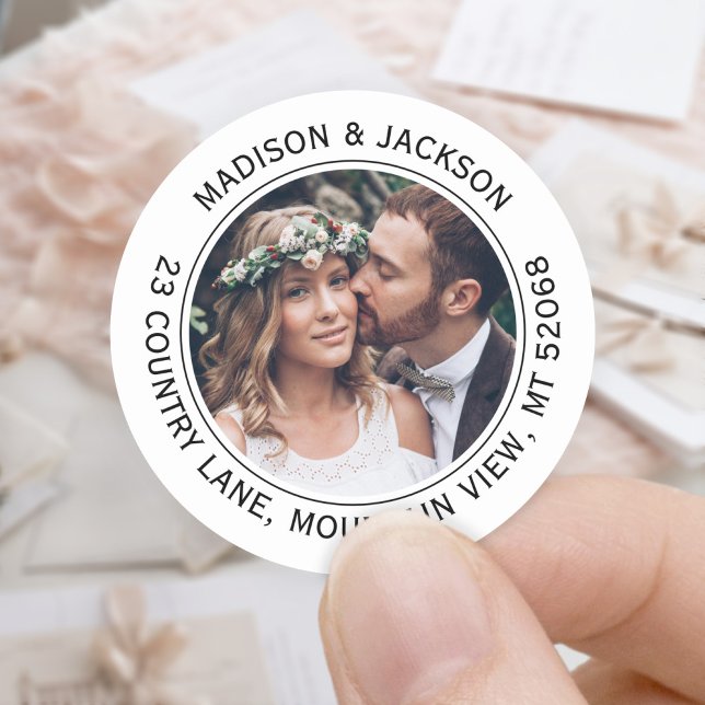 Black & White Elegant Photo Return Address Wedding Classic Round Sticker (Creator Uploaded)