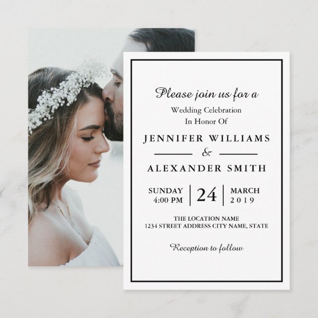 Black & White Elegant Photo Wedding Invitation (Front/Back)