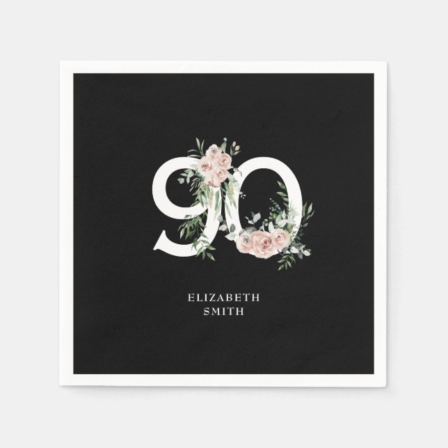 Black & White Elegant Pink Rose 90th Birthday Napkins (Front)
