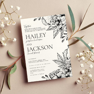 Black white elegant romantic floral wedding invitation