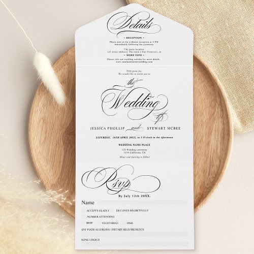 Black white elegant script calligraphy wedding all in one invitation