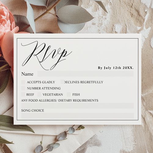 Black white elegant script chic rsvp wedding invitation