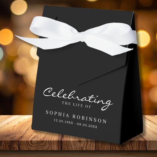 Black White Elegant Script Funeral Memorial Favor Boxes (Creator Uploaded)