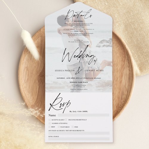 Black white elegant script modern photo wedding all in one invitation