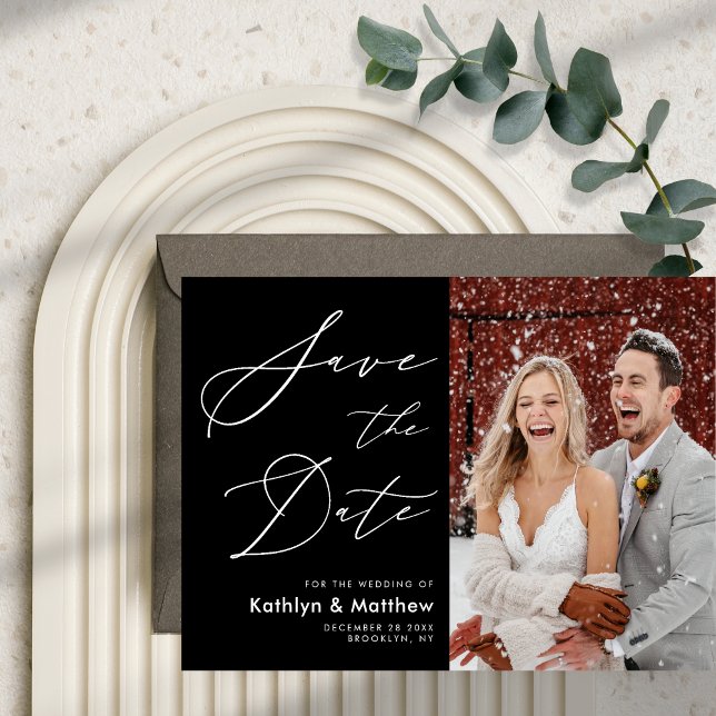 Black White Elegant Script Modern Photo Wedding Save The Date (Creator Uploaded)