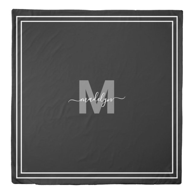 Black White Elegant Script Name Monogram Duvet Cover (Front)
