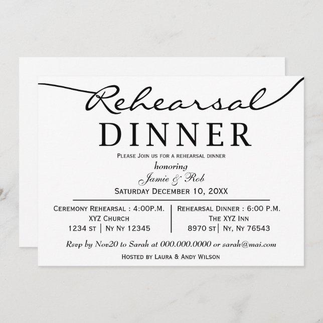 black white Elegant Script Rehearsal Dinner Invite (Front/Back)