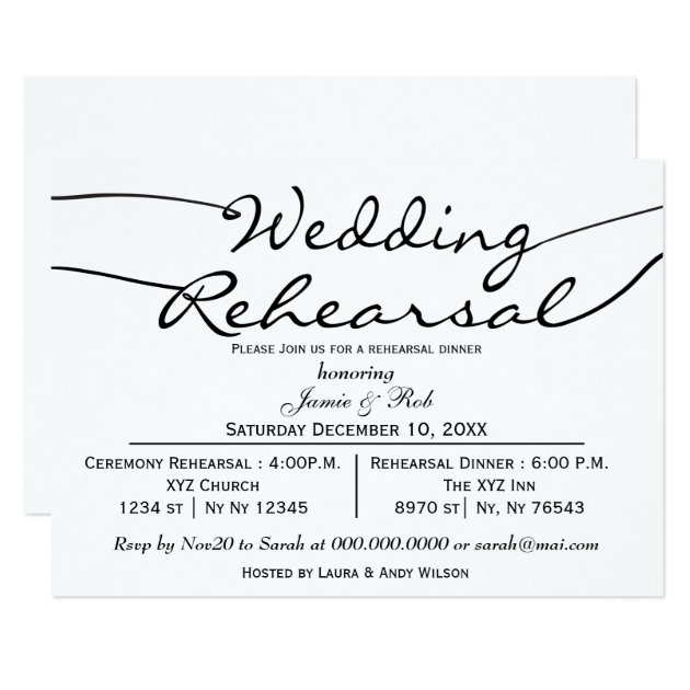 Black White Elegant Script Rehearsal Dinner Invite