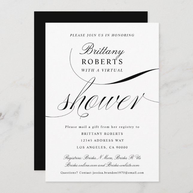 Black & White Elegant Script Virtual Bridal Shower Invitation (Front/Back)