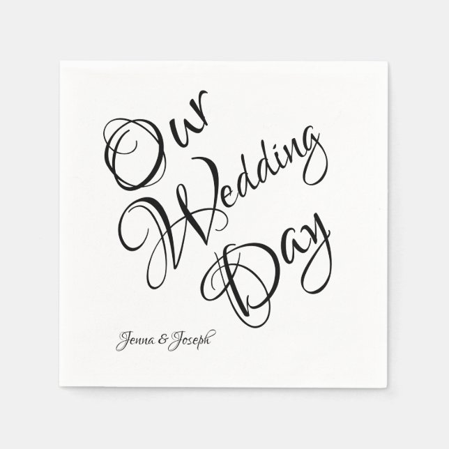 Black & White Elegant Script Wedding Napkins (Front)