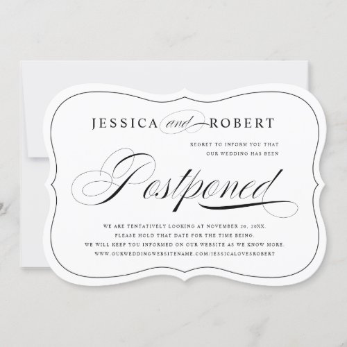 Black  White Elegant Script Wedding Postponed Invitation