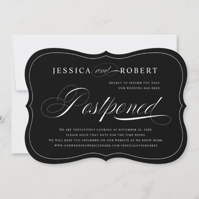 Black & White Elegant Script Wedding Postponed Save The Date (Front)