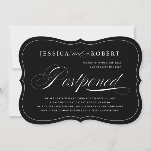 Black  White Elegant Script Wedding Postponed Save The Date