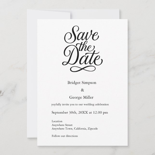 black white Elegant Script Wedding safe the date  Invitation (Front)
