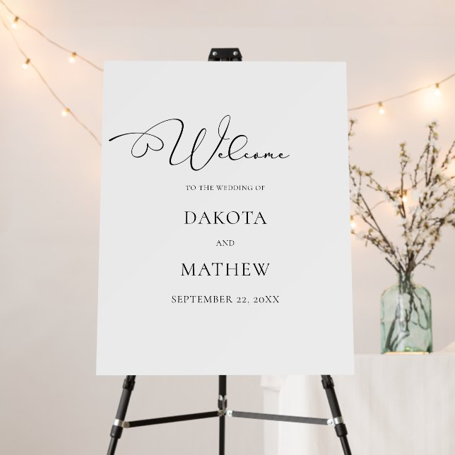 Black White Elegant Script Wedding Welcome Sign (In Situ (Stand))