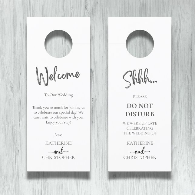 Black White Elegant Shhh Do Not Disturb Wedding Door Hanger (Shhh... Do Not Disturb Wedding Hotel Doorhanger with Couple Names, Date, Welcome Message.)