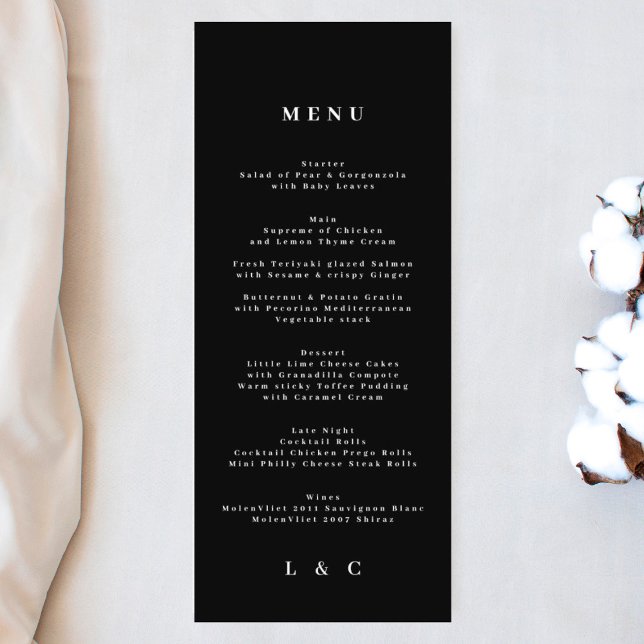 Black White Elegant Simple Monogram Wedding Menu (Creator Uploaded)