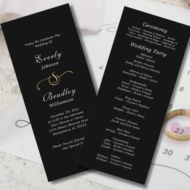 Black White Elegant Simple Script Wedding  Program (Creator Uploaded)