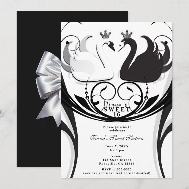 Black & White Elegant Swan Princess Sweet 16 Party Invitation (Front/Back)