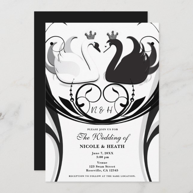 Black & White Elegant Swan Princess Wedding Invitation (Front/Back)