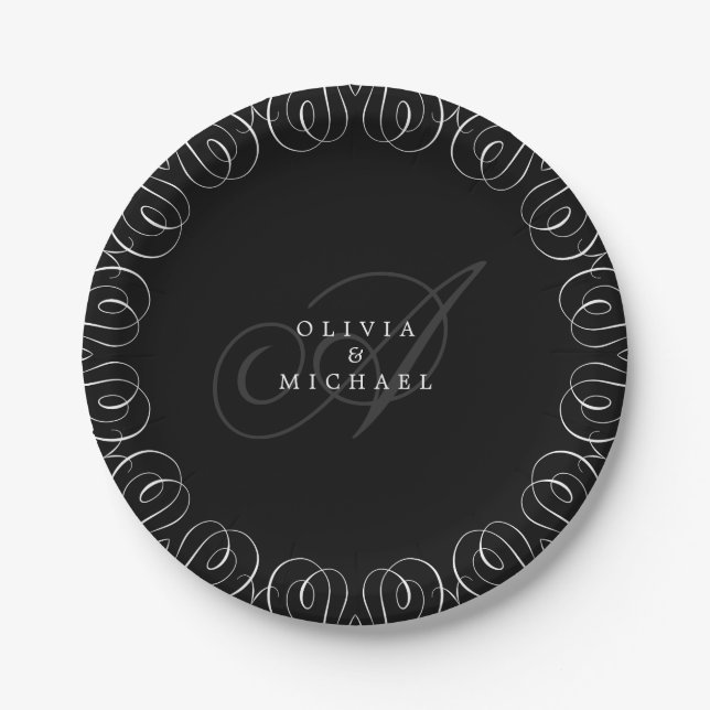 Black white elegant vintage flourish calligraphy paper plates (Front)