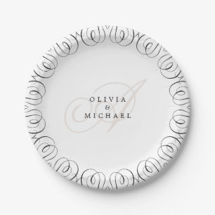 Black white elegant vintage flourish calligraphy paper plates