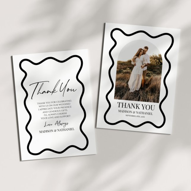 Black White Elegant Wavy Border Photo Wedding Thank You Card (Creator Uploaded)