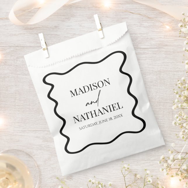 Black White Elegant Wavy Border Wedding Favor Bag (Clipped)