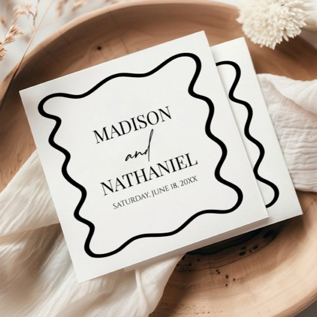 Black White Elegant Wavy Border Wedding Napkins (Creator Uploaded)