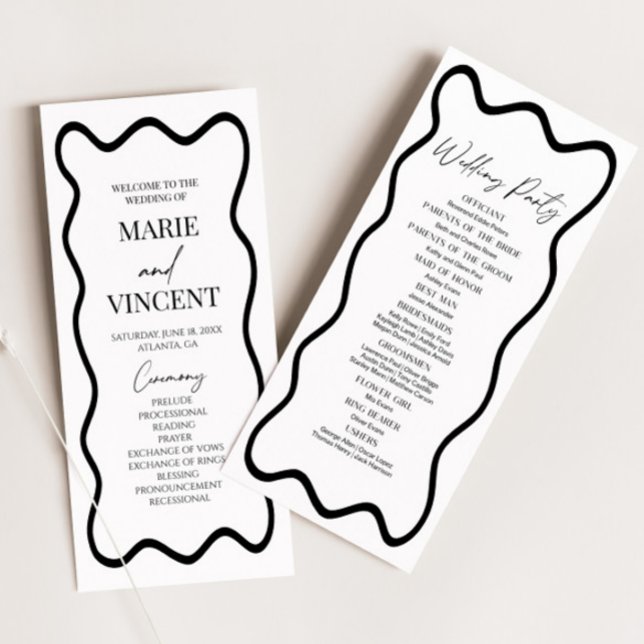 Black White Elegant Wavy Border Wedding Program (Creator Uploaded)