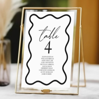 Black White Elegant Wavy Border Wedding Table Number