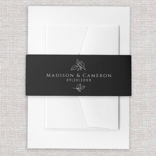 Black & White Elegant Wedding Botanical Leaves  Invitation Belly Band (Black & White Elegant Wedding Botanical Leaves Invitation Belly Band)