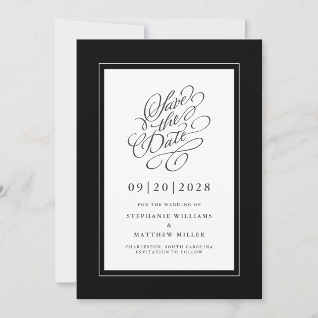 Black & White Elegant Wedding Calligraphy Script Save The Date (Front)