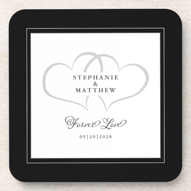 Black & White Elegant Wedding Hearts Forever Love Beverage Coaster (Front)