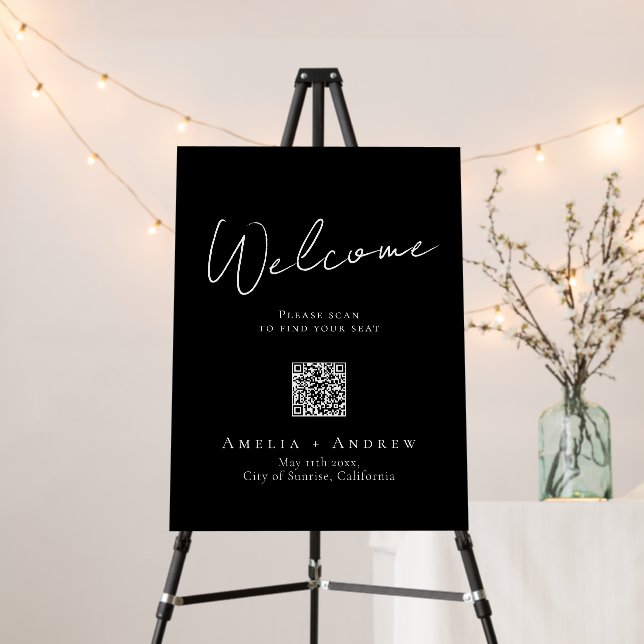 Black White Elegant Wedding QR Code Seating Chart Foam Board (In Situ (Stand))